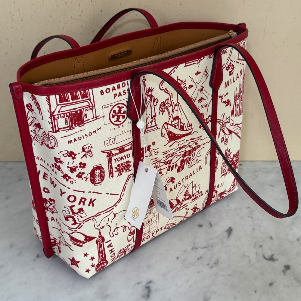 NWT Tory Burch Illustrated Tote in Red Cream highlighting international cities - Picture 4 of 13